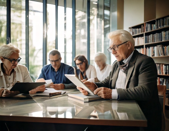 Firefly -Grupo diverso de adultos maduros (entre 55 y 70 años) estudiando en una biblioteca moderna